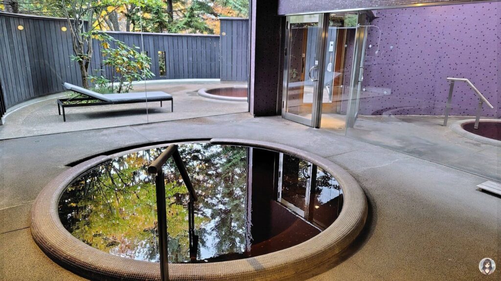 十勝川温泉三余庵、内湯に外の紅葉が映る