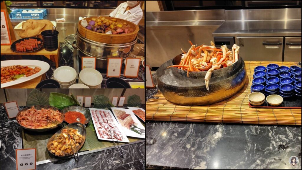 第一滝本館の夕食メニュー、カニとじゃがいも、ブリの刺身など