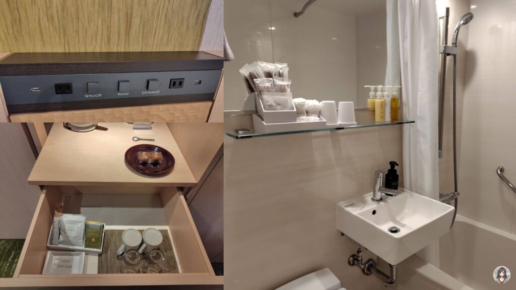 第一滝本館、南館ツインルームのソケット、お菓子、お茶、バスルーム