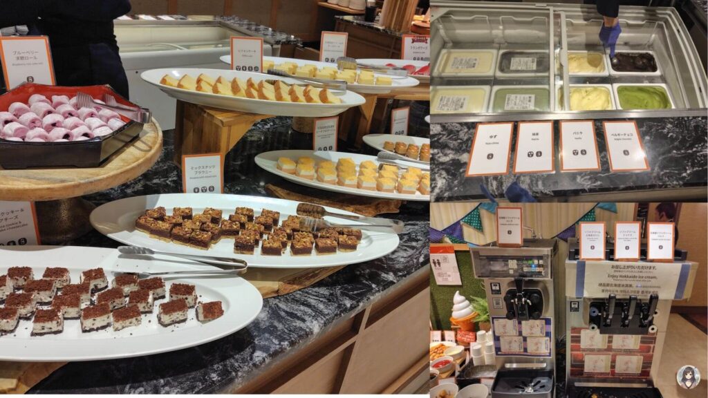 第一滝本館の夕食メニュー、たくさんのデザートとアイス、ソフトクリーム