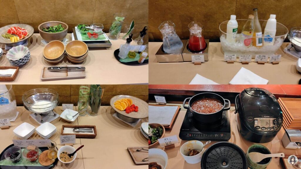 十勝川温泉三余庵：ビュッフェメニュー、
サラダ、牛乳、飲むヨーグルト、ジュース、フルーツ、カレーライス