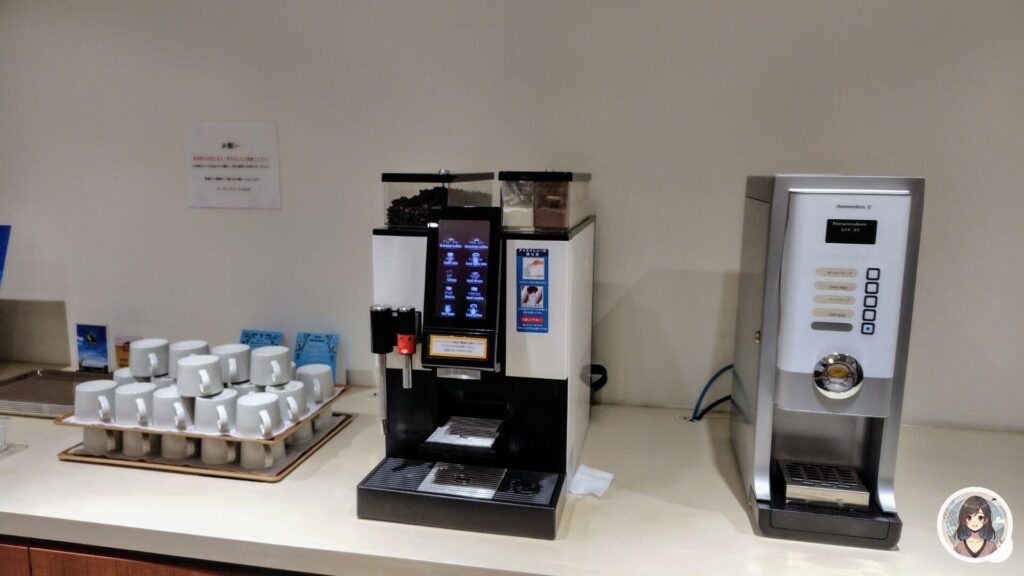 ブーゲンラウンジのコーヒーマシーン：コーヒー、カフェラテ、カプチーノ、ココアなど