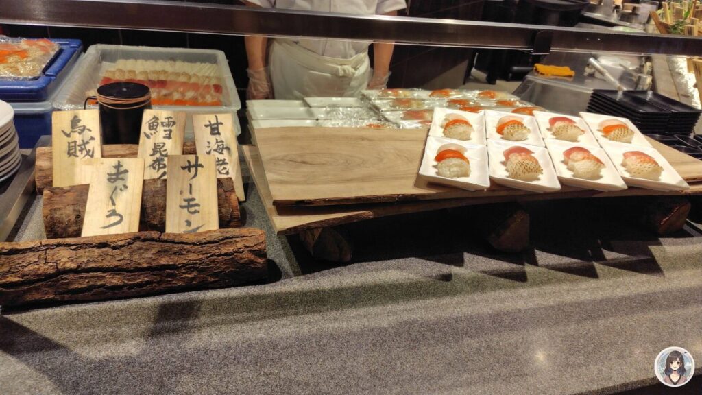 海と灯の夕食ビュッフェ、お寿司、甘海老、サーモン、鱈昆布〆、まぐろ、いか
