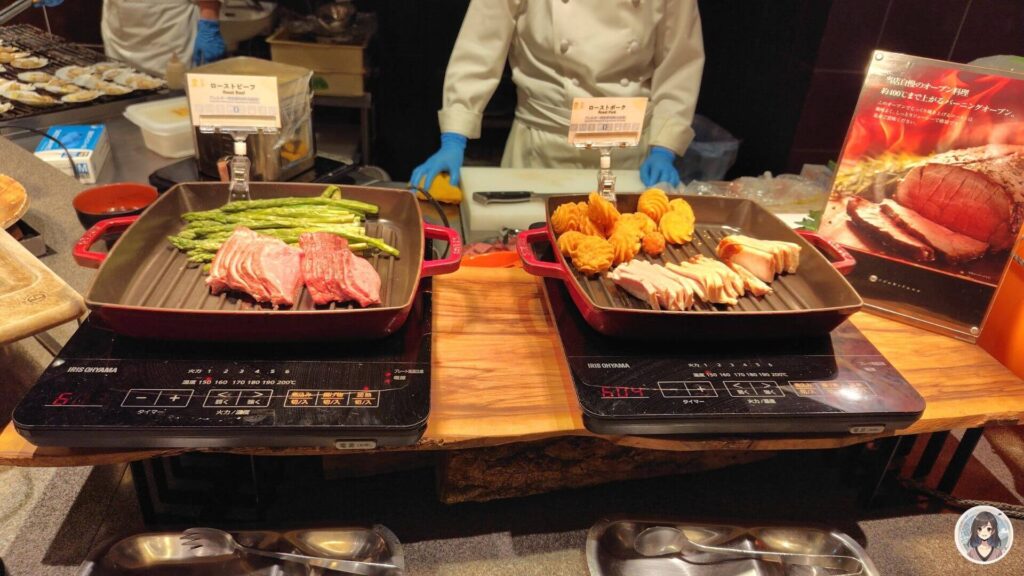 海と灯の夕食ビュッフェ、ローストビーフ、ローストポーク