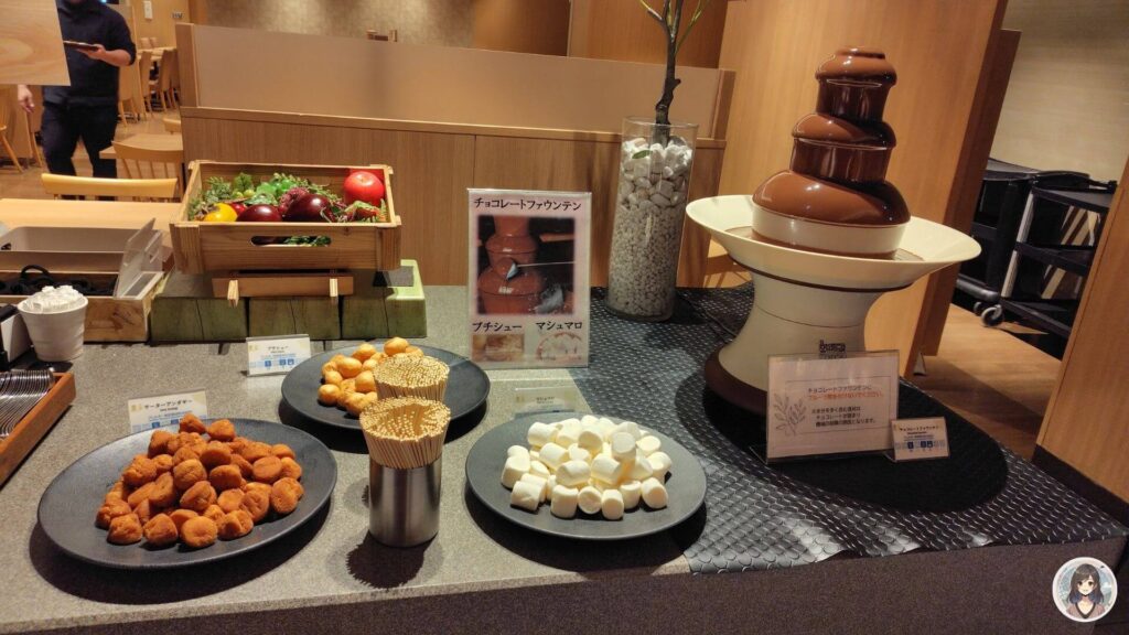 海と灯の夕食ビュッフェ、チョコレートファウンテン、サーターアンダギー、マシュマロ、プチシュー