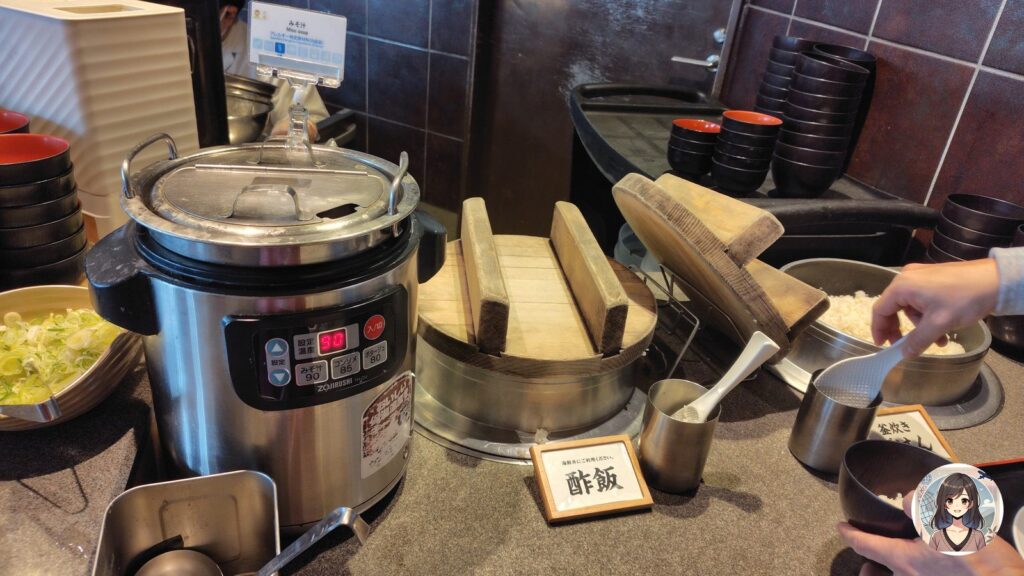 函館 海と灯の朝食ビュッフェ 酢飯と釜炊きご飯。海鮮丼用の酢飯が別に用意されている