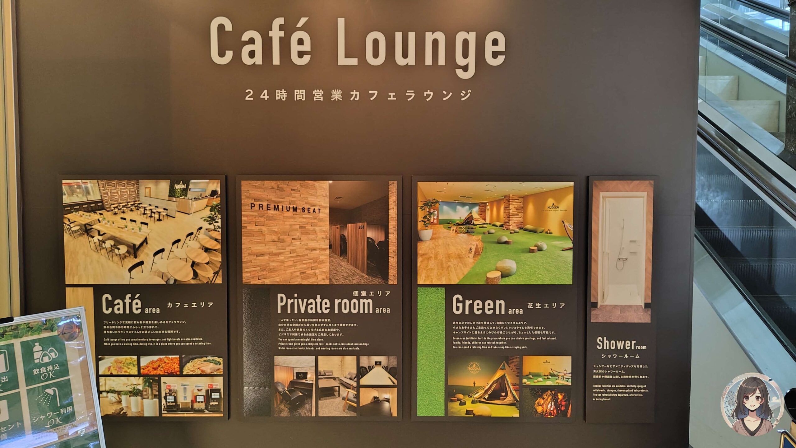 NODOKA Café Lounge全体案内パネル（4エリア構成）