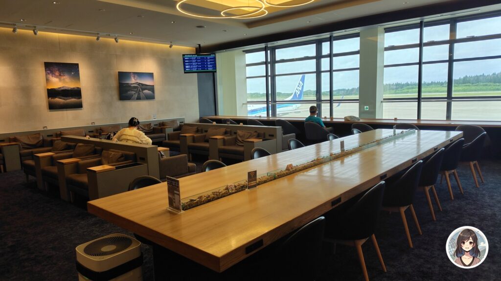  秋田空港ラウンジから見える滑走路とANA機